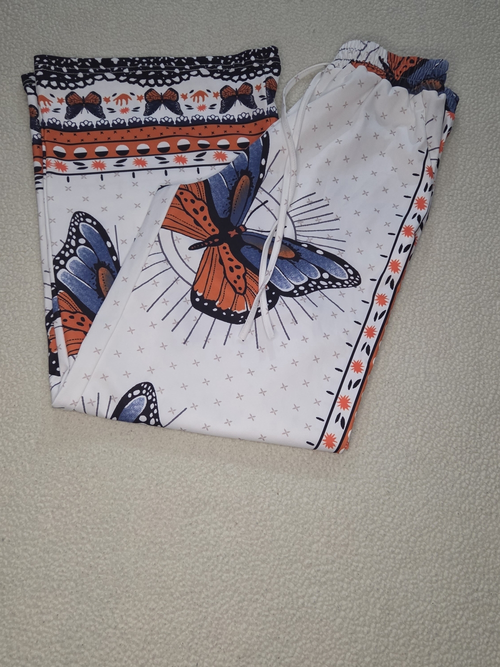 Women's Medium Butterfly Print Drawstring Pants - White, Orange With Flare Legs - Picture 1 of 8